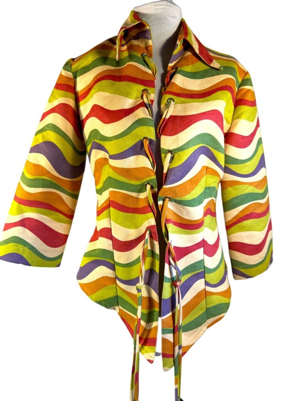 Vintage Annalese Multicolor Wave Print Jacket With Lace-Up Front & Tailored Fit